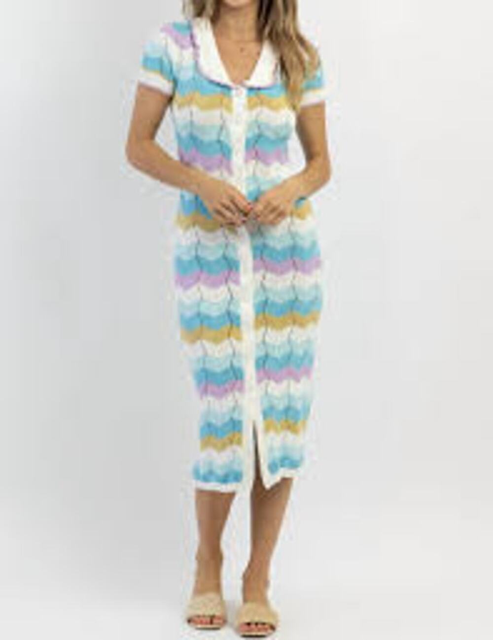 Mable Striped Crochet Midi Dress Multi Color Chevron Knit Sz Medium